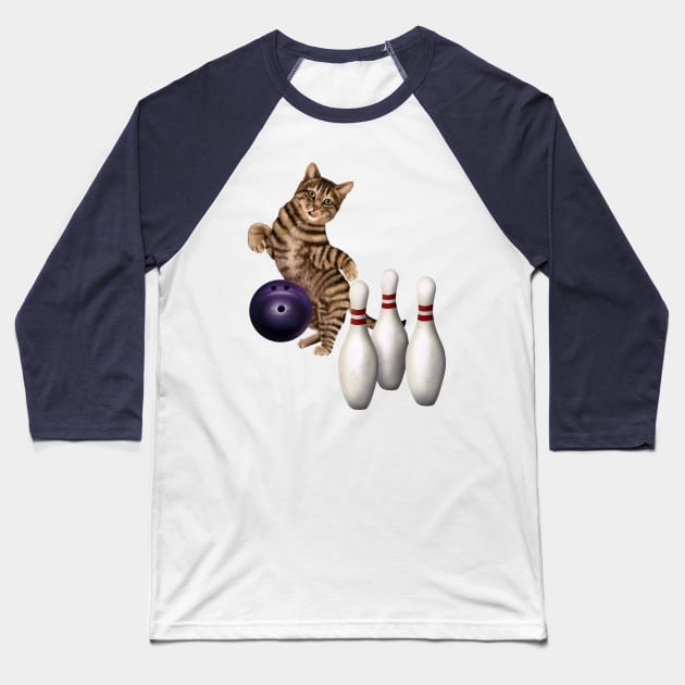 Bowling tabby cat Baseball T-Shirt by Mehu Art